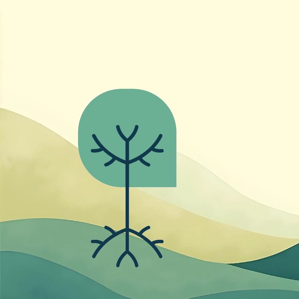 Eine simple Illustration einer Baumes auf einer grünen Landschaft.