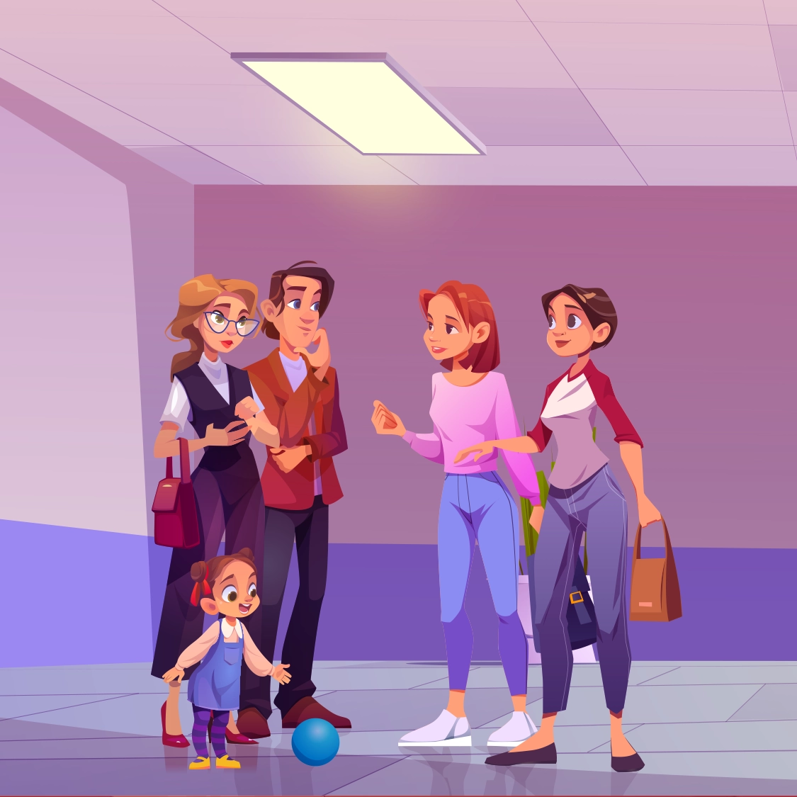 Illustration einer jungen Familie, die mit zwei anderen spricht.